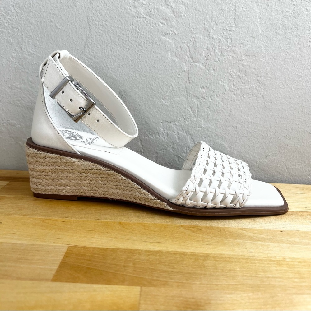 Vince Camuto White Woven Ankle-Strap Espadrille Wedge Sandals